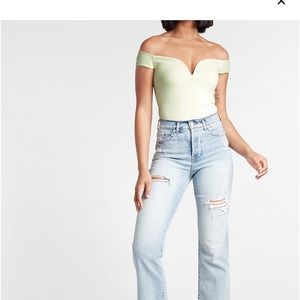 Express Body Contour Ribbed V-Wire Off The Shoulder Thong Bodysuit